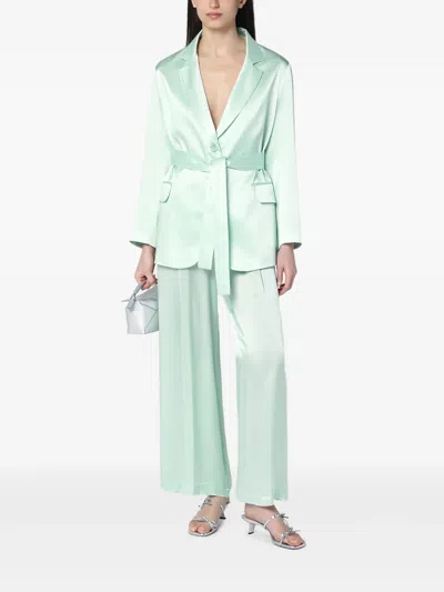 Semicouture Christiana Belted Satin Notched Flap Jacket In Blue
