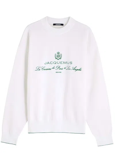 Jacquemus Crewneck Sweatshirt With Front Print And Ribbed Details In White