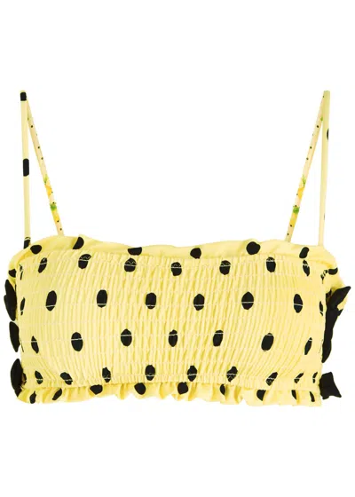 Damson Madder Shirred Polka-dot Bow Bikini Top In Yellow