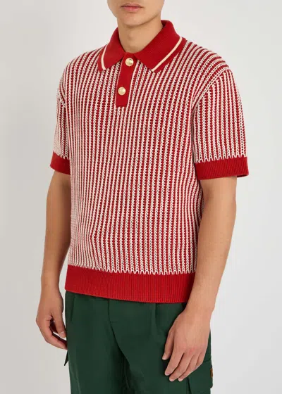 Drôle De Monsieur Le Polo Maille Rayures Knitted Polo Shirt In Red