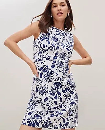 Ann Taylor Floral Linen-blend Shift Dress In Royalty Blue