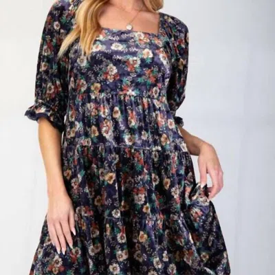 Easel Women's Bubble Sleeves Printed Velvet Dress In Rust Navy In Multi