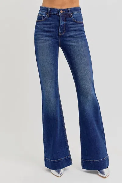 Risen Tummy Control High Rise Flare Jeans In Dark Wash In Blue
