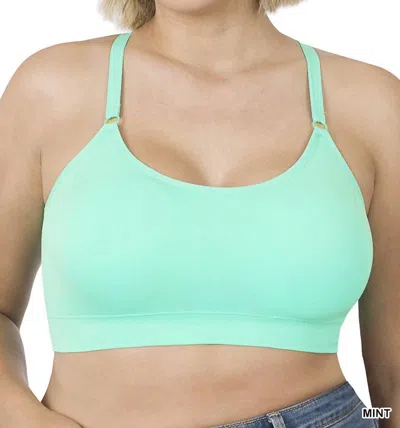 Zenana Cross Back Padded Seamless Bra With Adjustable Straps In Mint In Green