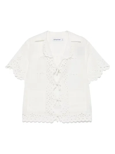 Self-portrait Self Portrait Cream Linen Embroidered Shirt In White