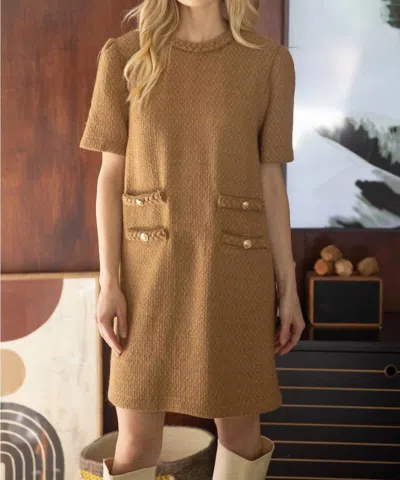Voy Raid Neck Double Pocket Tweed Dress In Camel In Brown