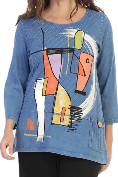 Jess & Jane Modern Art Mineral Washed Wide Rib Contrast Tunic Top In Marine In Blue