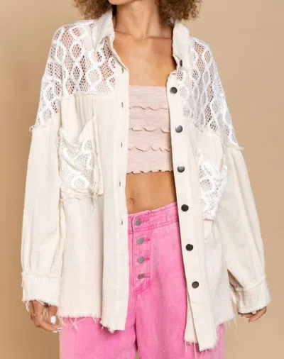 Pol Oversized Lace Accent Button Down Shirt In Off White In White
