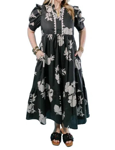Entro Floral Midi Dress With Scallop Detail In Charcoal In Pink