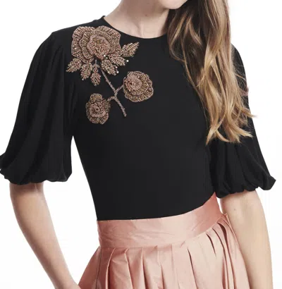 Emily Shalant Bead Flower T-shirt Puff Sleeves In Black/apricot In Multi