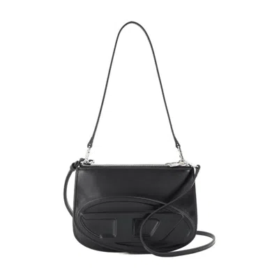 Diesel Embossed Leather Shoulder Bag With Zip Closure In Black