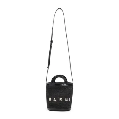 Marni Black Leather And Raffia Tropicalia Bucket Bag In Black