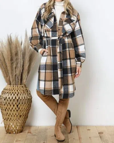 Blue B Neive Plaid Tie Front Shacket In Taupe In Grey