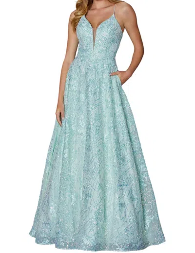 Amarra Sequin Appliqué Plunge Ballgown In Seafoam In Green