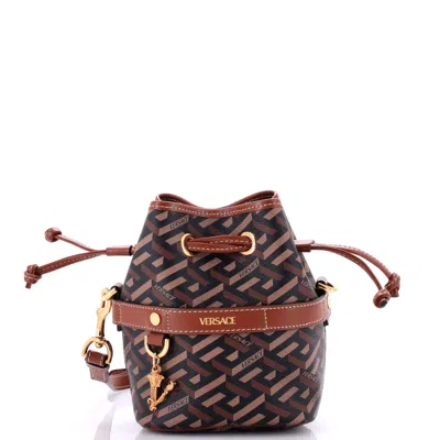 Versace La Greca Bucket Bag Printed Coated Canvas Mini In Brown