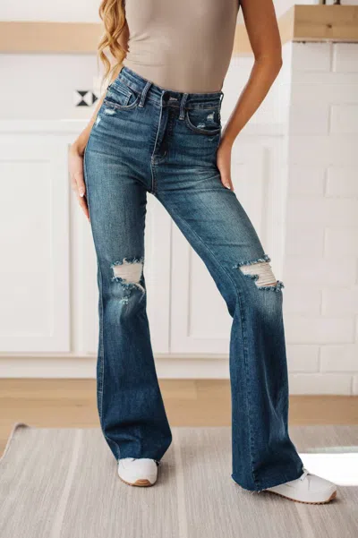 Judy Blue High Rise Control Top Distressed Flare Jeans In Dark Wash In Blue