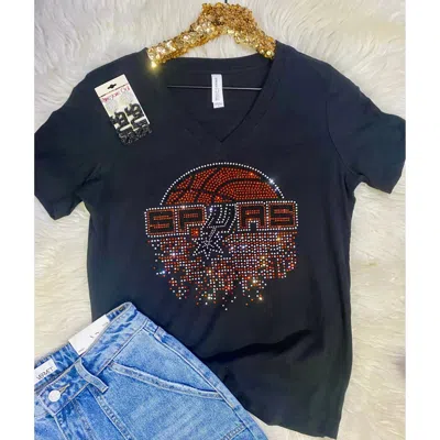 Bella+canvas Women's Rhinestone Spurs Basketball V Neck Tee In Black In Black