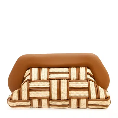 Themoirè Large Raffia Clutch In Leather And Caramel In Brown