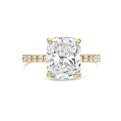 Diana M. 18kt Yellow Gold Lab Grown Cushion Cut With Round On Sides Engagement Ring Featuring 3 Ct Center And In Yellow