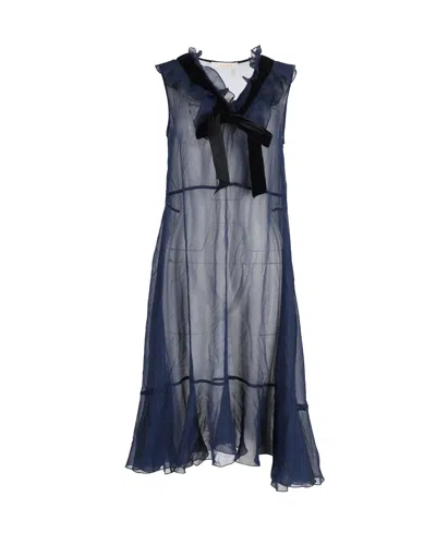 See By Chloé Velvet Trimmed Ruffled Chiffon Dress In Navy Blue Polyester In Blue