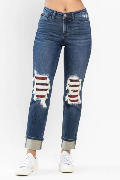 Judy Blue Charlotte Midrise Buffalo Plaid Patch Destroyed Boyfriend Jeans In Blue In Blue