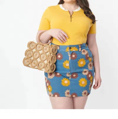 Unique Vintage Denim Floral What A Classic Mini Skirt - Plus In Denim / Brown Multi In Multi