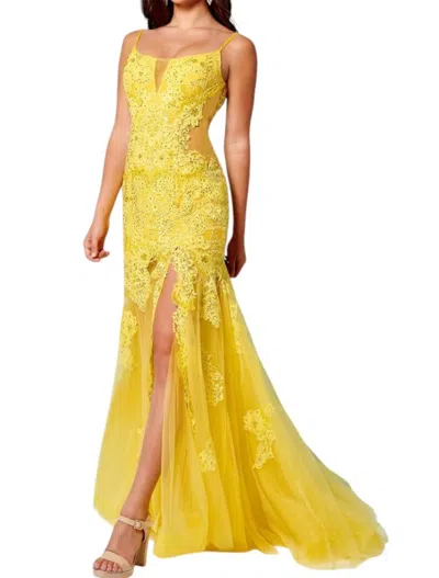 Rachel Allan Lace & Tulle Leg Slit Gown In Bright Yellow In Multi