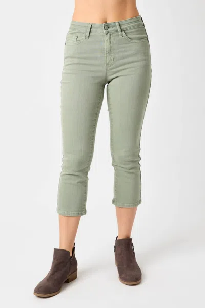 Judy Blue Mid Rise Garment Dyed Non Distressed Capri Jeans In Sage In Multi