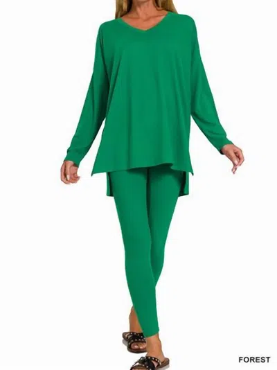 Zenana V Neck Lounge Sets In Forest In Green