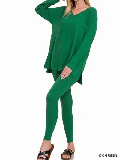 Zenana V Neck Lounge Sets In Forest In Green