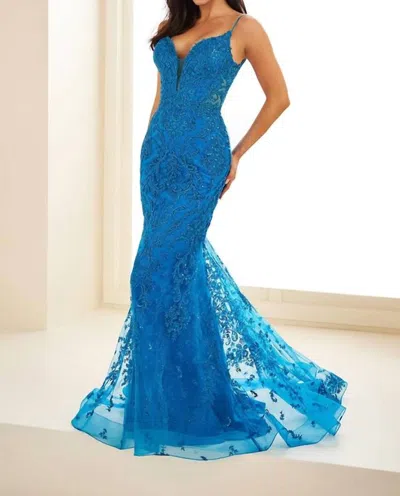 Ellie Wilde Embroidered Tulle Corset Low Back Mermaid Gown In Peacock In Blue