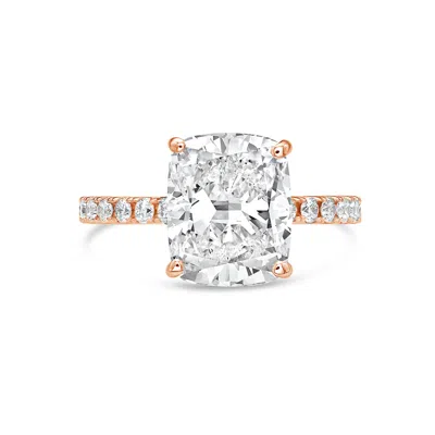Diana M. 18kt Rose Gold Lab Grown Cushion Cut With Round On Sides Engagement Ring Featuring 8 Ct Center And 0 In Pink