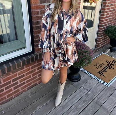 Entro Juliette Printed Long Sleeve Dress In Bronze/navy In Multi