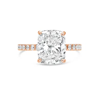Diana M. 18kt Rose Gold Lab Grown Cushion Cut With Round On Sides Engagement Ring Featuring 2 Ct Center And 0 In Pink