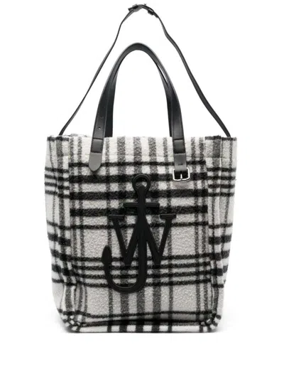 Jw Anderson Belt Plaid-check Virgin-wool Tote Bag In White
