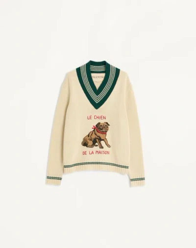 Valentino Butter-coloured Sweater With Le Chien De La Maison Embroidery In Nude