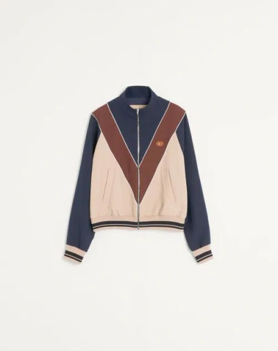Valentino Garavani Zip-up Sweatshirt With Vlogo Patch In Blue/hazelnut/butter