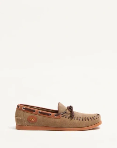 Valentino Palm Avenue Suede And Leather Loafers In Khaki/tobacco