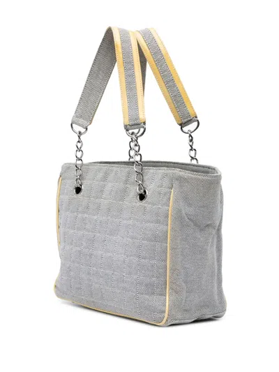 Pre-owned Chanel 2005-2006 Cc Camellia No. 5 Choco Bar Canvas Tote Shoulder Bag In Grey