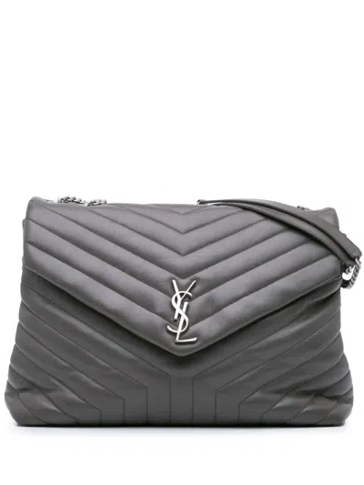 Pre-owned Saint Laurent 2017 Large Leather Monogram Matelasse Loulou Shoulder Bag In Grey