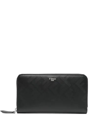 Fendi Shadow Zip Around Black And Red Leather Wallet In Black