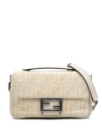 Pre-owned Fendi 2010-2024 Ff Chenille And Vitello Seta Chain Midi Baguette Shoulder Bag In Brown
