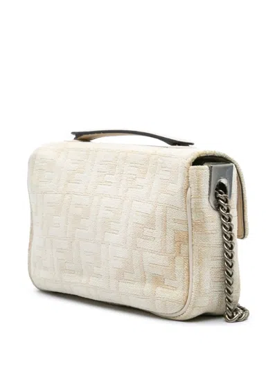 Pre-owned Fendi 2010-2024 Ff Chenille And Vitello Seta Chain Midi Baguette Shoulder Bag In Brown