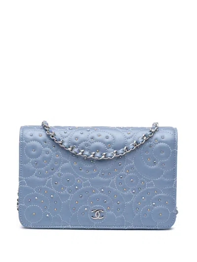 Pre-owned Chanel 2019 Studded Lambskin Camellia Wallet On Chain Shoulder Bag In Purple