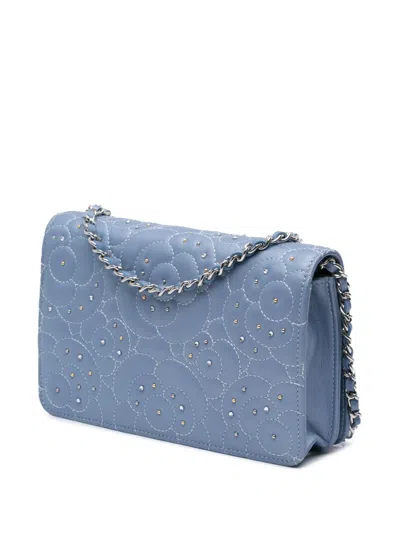 Pre-owned Chanel 2019 Studded Lambskin Camellia Wallet On Chain Shoulder Bag In Purple