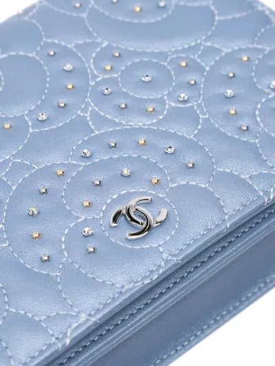 Pre-owned Chanel 2019 Studded Lambskin Camellia Wallet On Chain Shoulder Bag In Purple