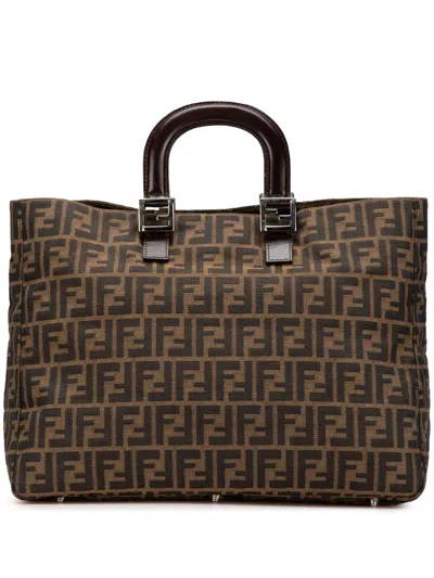 Pre-owned Fendi 2000-2010 Large Zucca Canvas Twins Tote Bag In Brown