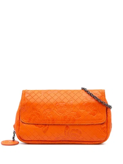 Pre-owned Bottega Veneta 2012-2024 Leather Intrecciomirage Butterfly Chain Flap Crossbody Bag In Orange