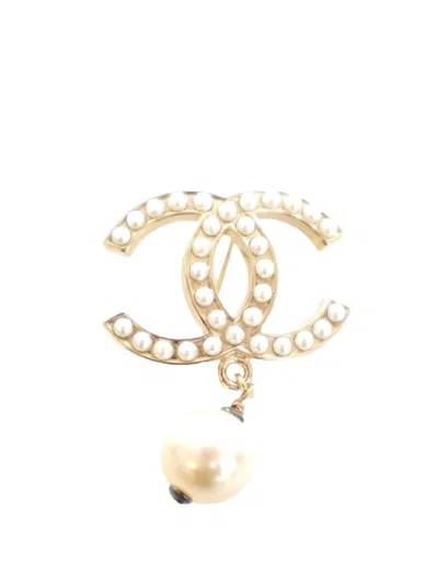 Pre-owned Chanel 2013 Gold Plated Faux Pearl Cc Drop Brooch Costume Brooch
