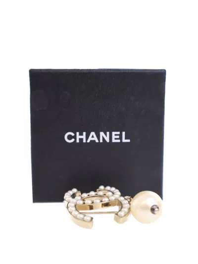 Pre-owned Chanel 2013 Gold Plated Faux Pearl Cc Drop Brooch Costume Brooch